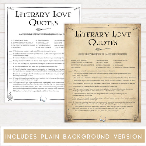 literary love quote game, bridal love quote game, Printable bridal shower games, Harry potter bridal shower, Harry Potter bridal shower games, fun bridal shower games, bridal shower game ideas, Harry Potter bridal shower