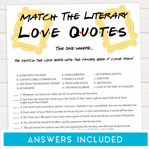 match the literary love quotes, Printable bridal shower games, friends bridal shower, friends bridal shower games, fun bridal shower games, bridal shower game ideas, friends bridal shower