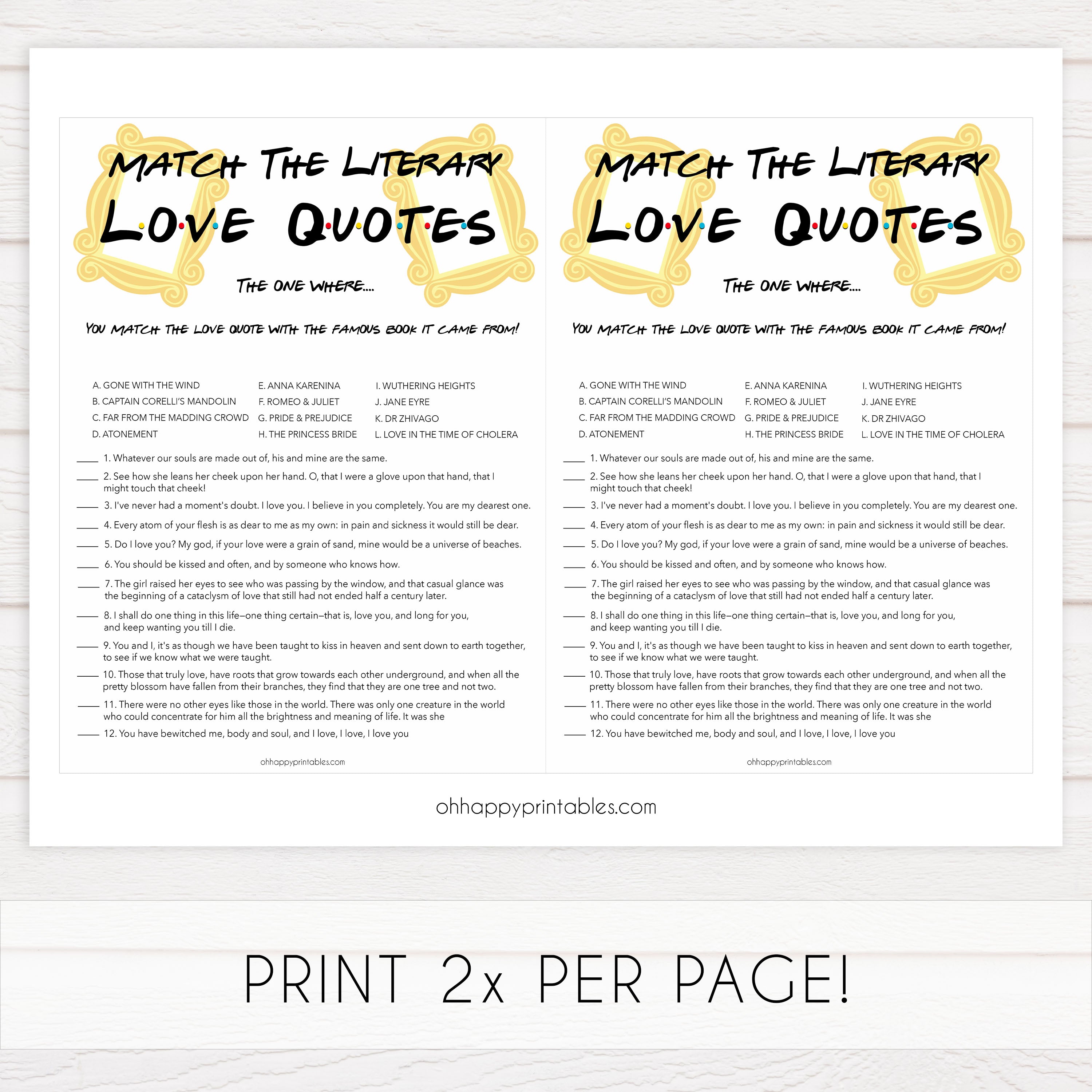 match the literary love quotes, Printable bridal shower games, friends bridal shower, friends bridal shower games, fun bridal shower games, bridal shower game ideas, friends bridal shower