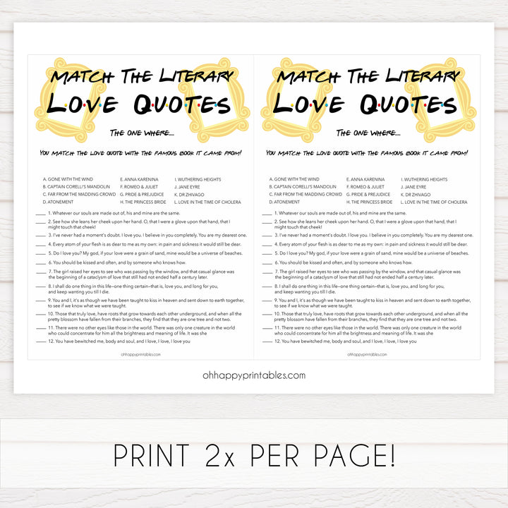match the literary love quotes, Printable bridal shower games, friends bridal shower, friends bridal shower games, fun bridal shower games, bridal shower game ideas, friends bridal shower