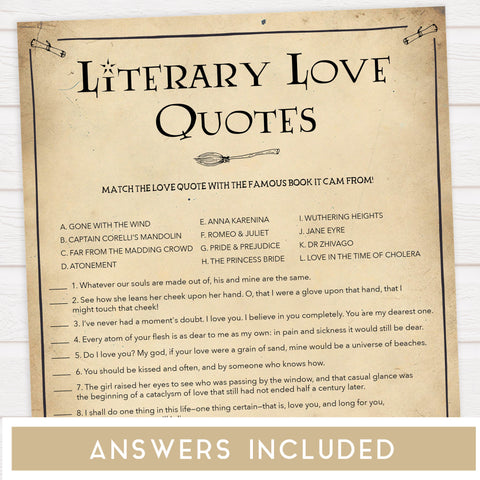 literary love quote game, bridal love quote game, Printable bridal shower games, Harry potter bridal shower, Harry Potter bridal shower games, fun bridal shower games, bridal shower game ideas, Harry Potter bridal shower