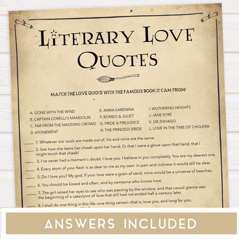 literary love quote game, bridal love quote game, Printable bridal shower games, Harry potter bridal shower, Harry Potter bridal shower games, fun bridal shower games, bridal shower game ideas, Harry Potter bridal shower