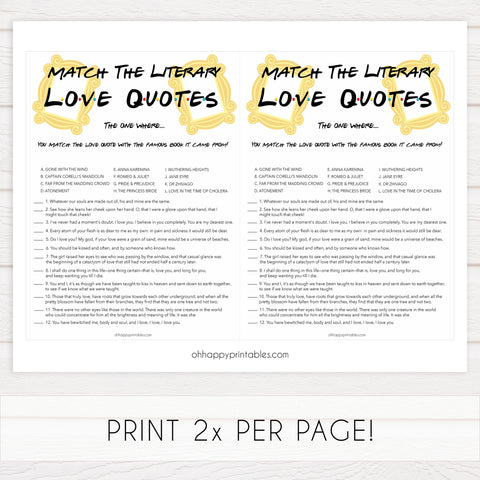 match the literary love quotes, Printable bridal shower games, friends bridal shower, friends bridal shower games, fun bridal shower games, bridal shower game ideas, friends bridal shower