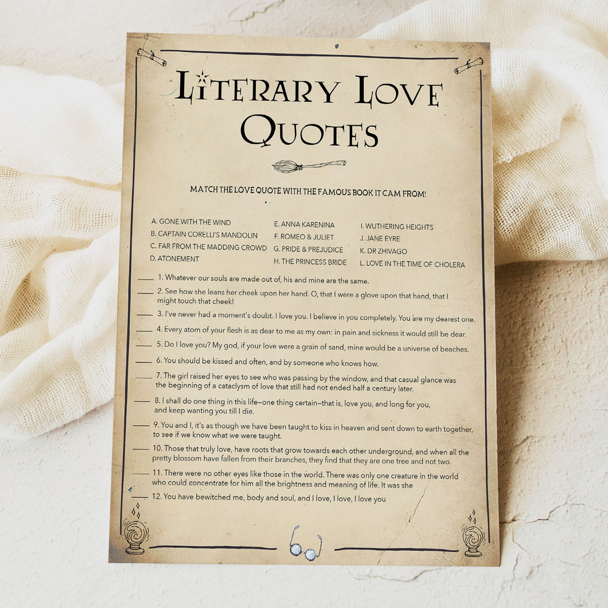 literary love quote game, bridal love quote game, Printable bridal shower games, Harry potter bridal shower, Harry Potter bridal shower games, fun bridal shower games, bridal shower game ideas, Harry Potter bridal shower