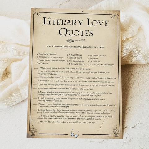 literary love quote game, bridal love quote game, Printable bridal shower games, Harry potter bridal shower, Harry Potter bridal shower games, fun bridal shower games, bridal shower game ideas, Harry Potter bridal shower
