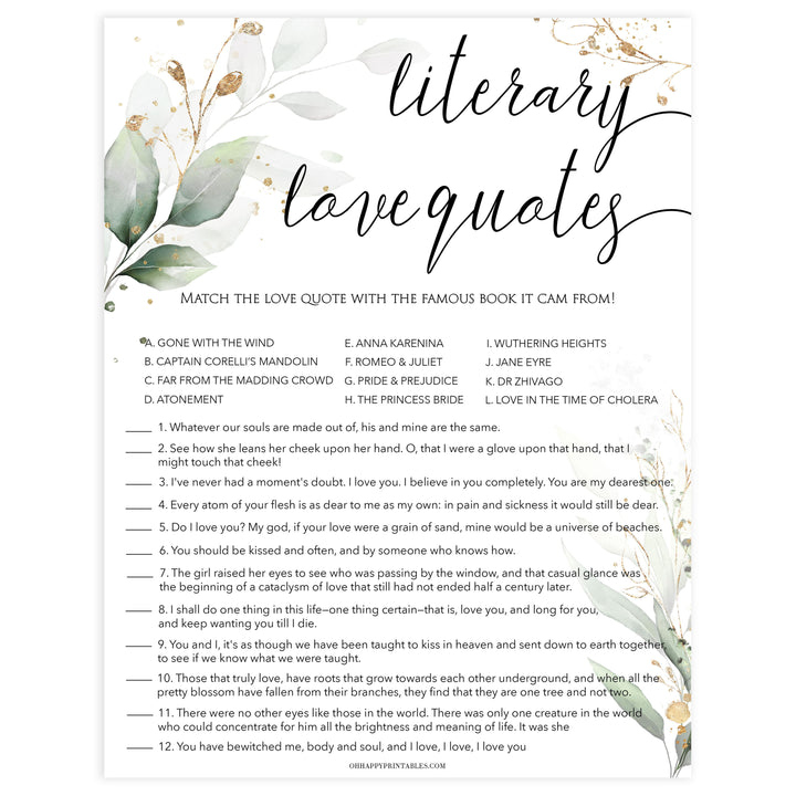match the literary love quotes, Printable bridal shower games, greenery bridal shower, gold leaf bridal shower games, fun bridal shower games, bridal shower game ideas, greenery bridal shower