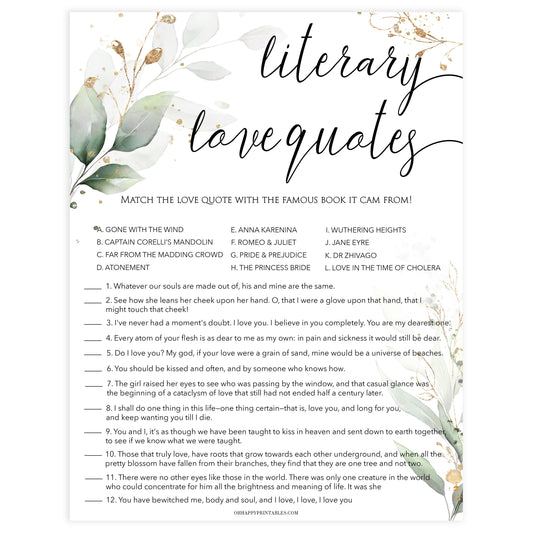 match the literary love quotes, Printable bridal shower games, greenery bridal shower, gold leaf bridal shower games, fun bridal shower games, bridal shower game ideas, greenery bridal shower