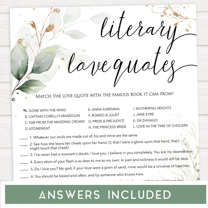match the literary love quotes, Printable bridal shower games, greenery bridal shower, gold leaf bridal shower games, fun bridal shower games, bridal shower game ideas, greenery bridal shower