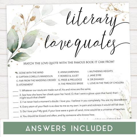 match the literary love quotes, Printable bridal shower games, greenery bridal shower, gold leaf bridal shower games, fun bridal shower games, bridal shower game ideas, greenery bridal shower
