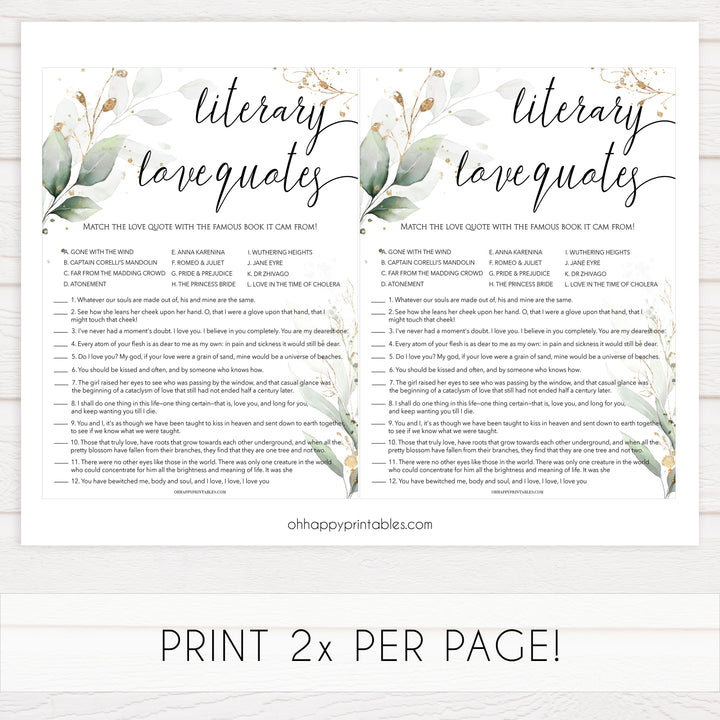 match the literary love quotes, Printable bridal shower games, greenery bridal shower, gold leaf bridal shower games, fun bridal shower games, bridal shower game ideas, greenery bridal shower