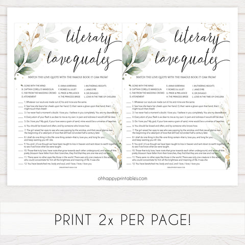 match the literary love quotes, Printable bridal shower games, greenery bridal shower, gold leaf bridal shower games, fun bridal shower games, bridal shower game ideas, greenery bridal shower