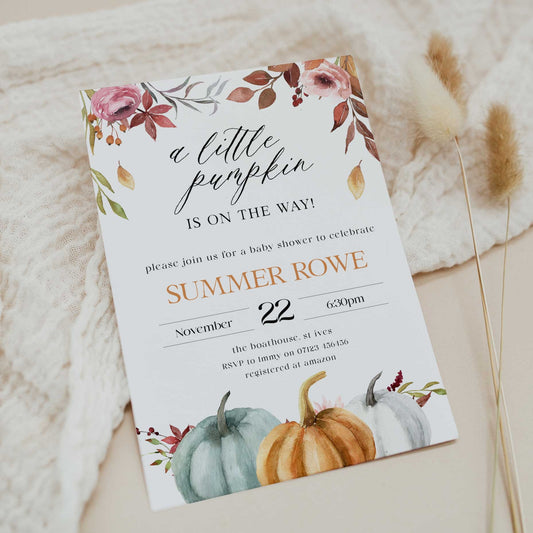 Fully editable and printable baby shower invitation with a fall pumpkin design. Perfect for a Fall Pumpkin baby shower themed party