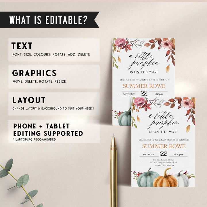 Fully editable and printable baby shower invitation with a fall pumpkin design. Perfect for a Fall Pumpkin baby shower themed party