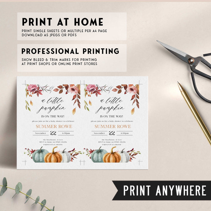 Fully editable and printable baby shower invitation with a fall pumpkin design. Perfect for a Fall Pumpkin baby shower themed party