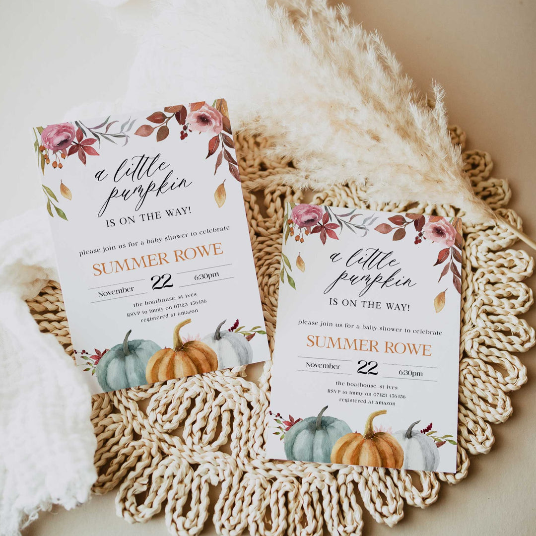 Fully editable and printable baby shower invitation with a fall pumpkin design. Perfect for a Fall Pumpkin baby shower themed party