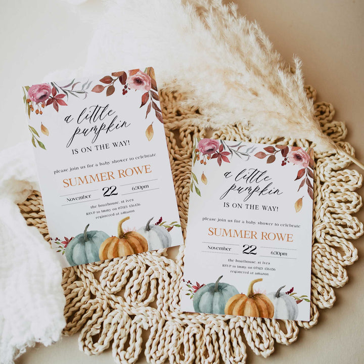 Fully editable and printable baby shower invitation with a fall pumpkin design. Perfect for a Fall Pumpkin baby shower themed party