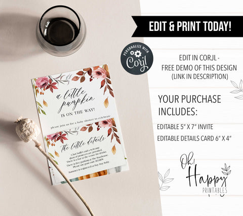 Fully editable and printable baby shower invitation with a fall pumpkin design. Perfect for a Fall Pumpkin baby shower themed party