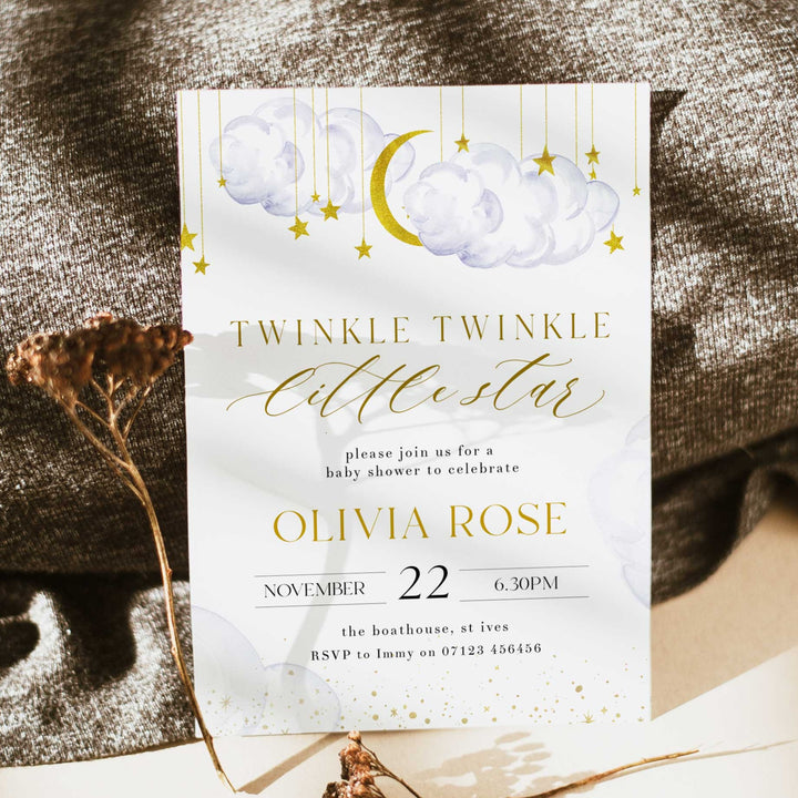 Fully editable and printable baby shower invitation with a little star design. Perfect for a Twinkle Little Star baby shower themed party