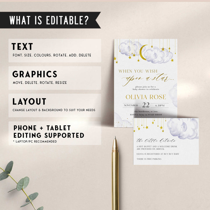 Fully editable and printable baby shower wish upon a star game with a little star design. Perfect for a Twinkle Little Star baby shower themed party