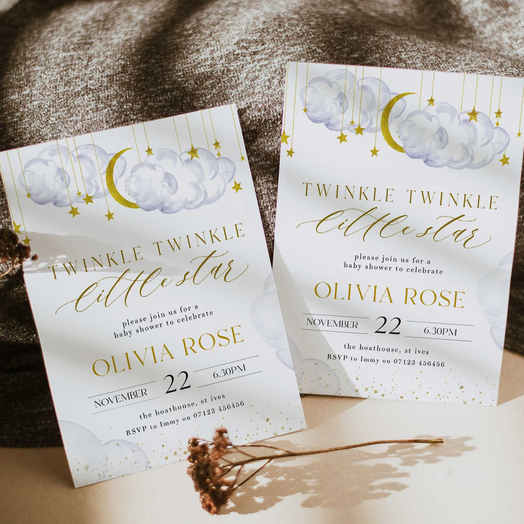 Fully editable and printable baby shower invitation with a little star design. Perfect for a Twinkle Little Star baby shower themed party
