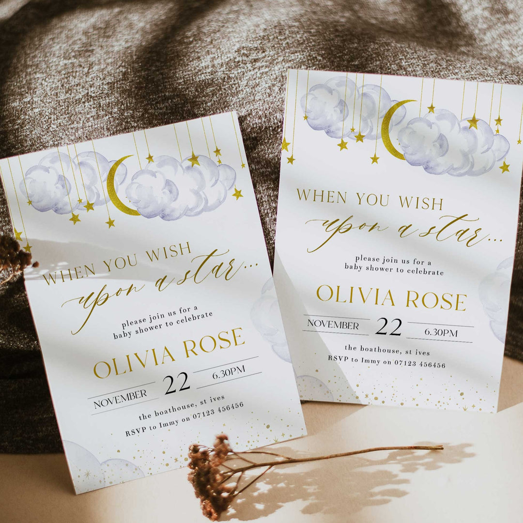 Fully editable and printable baby shower wish upon a star game with a little star design. Perfect for a Twinkle Little Star baby shower themed party