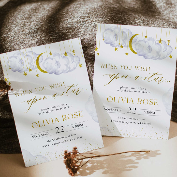 Fully editable and printable baby shower wish upon a star game with a little star design. Perfect for a Twinkle Little Star baby shower themed party