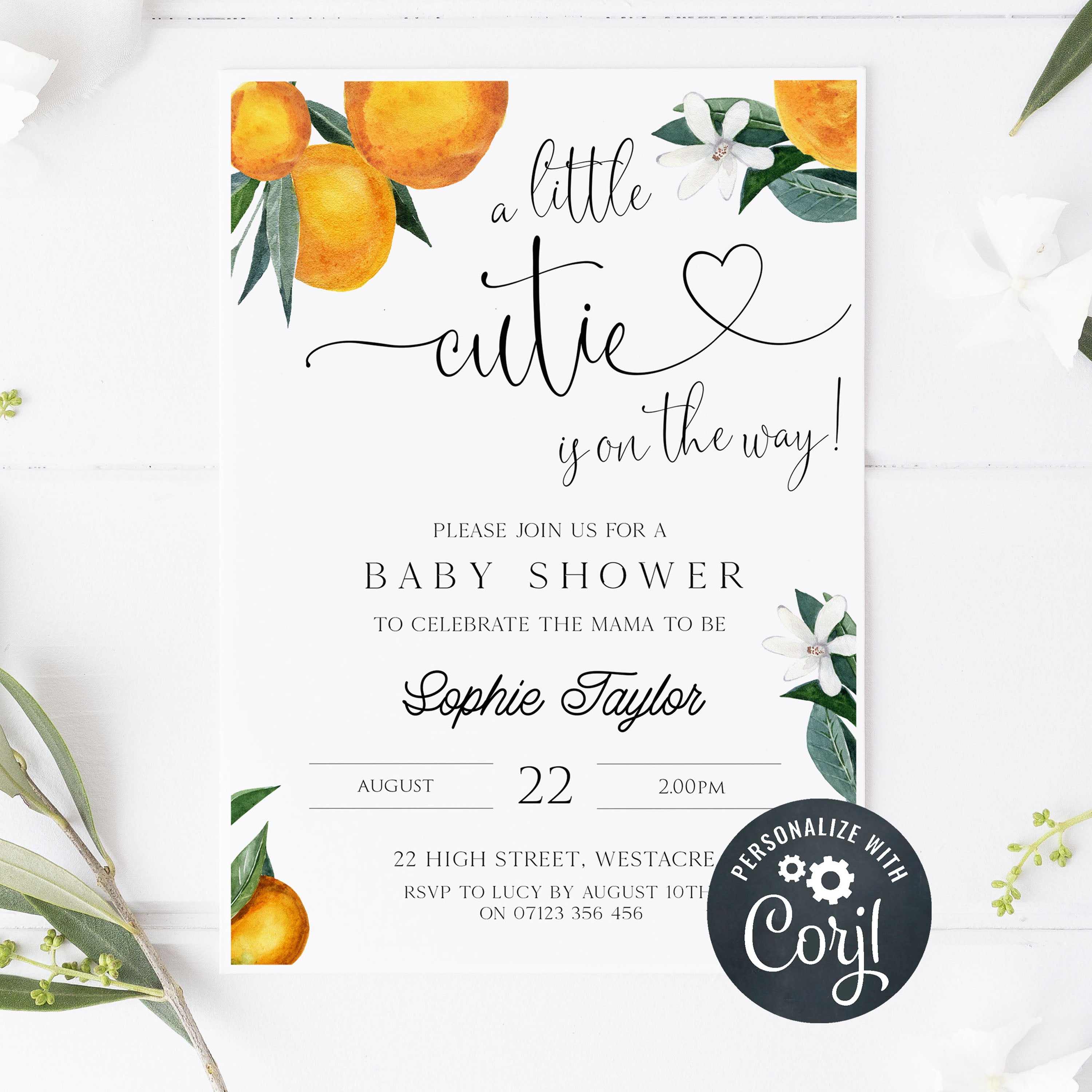 editable baby shower invitations, printable baby shower invitations, citrus orange baby shower theme, citrus baby shower, baby shower invites