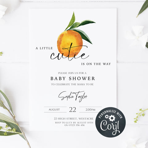 editable baby shower invitations, printable baby shower invitations, citrus orange baby shower theme, citrus baby shower, baby shower invites