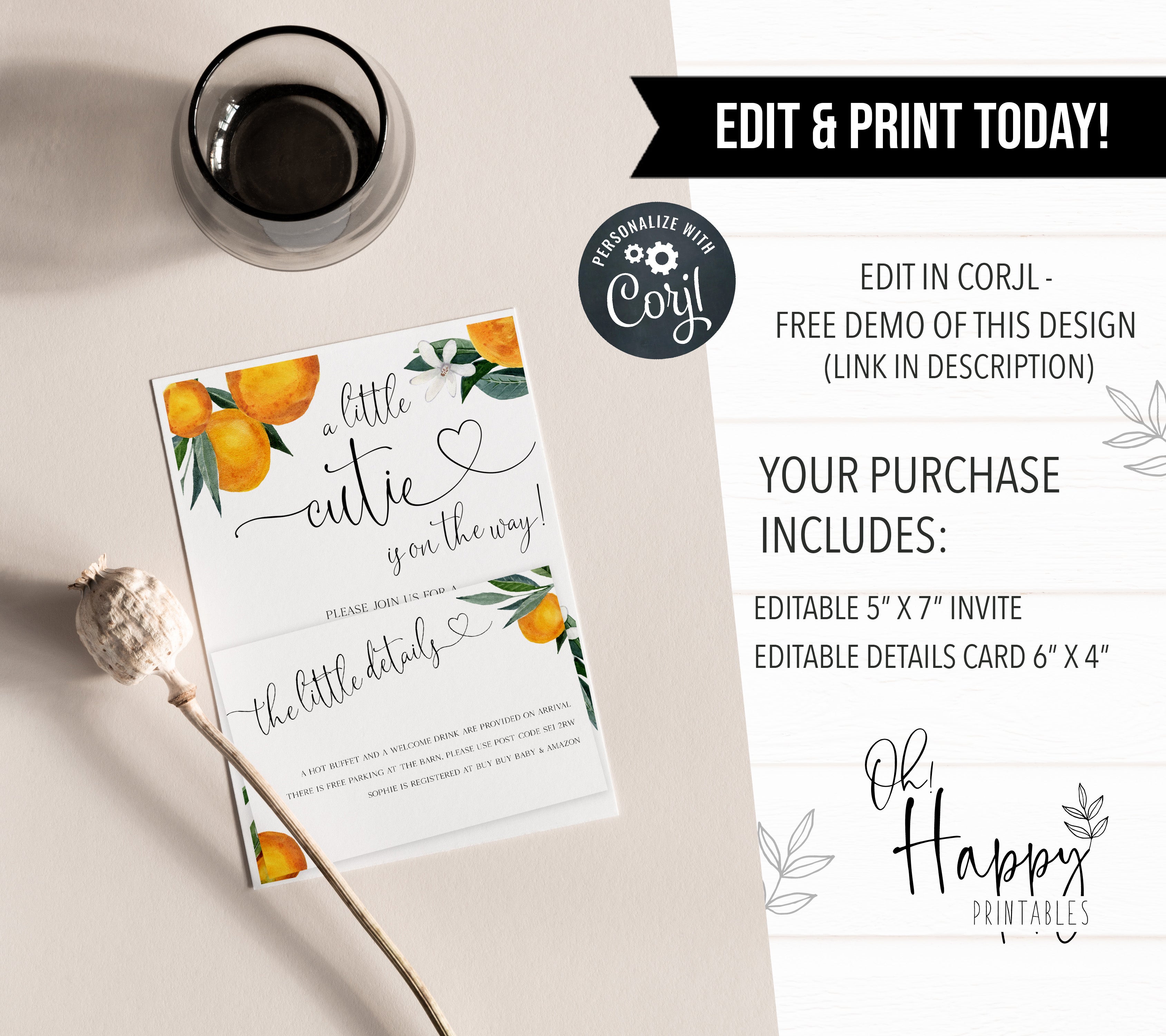 editable baby shower invitations, printable baby shower invitations, citrus orange baby shower theme, citrus baby shower, baby shower invites