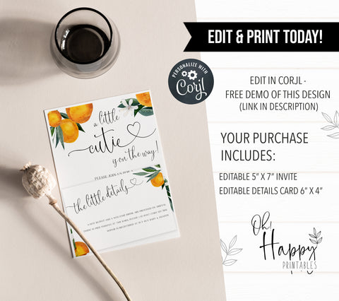 editable baby shower invitations, printable baby shower invitations, citrus orange baby shower theme, citrus baby shower, baby shower invites