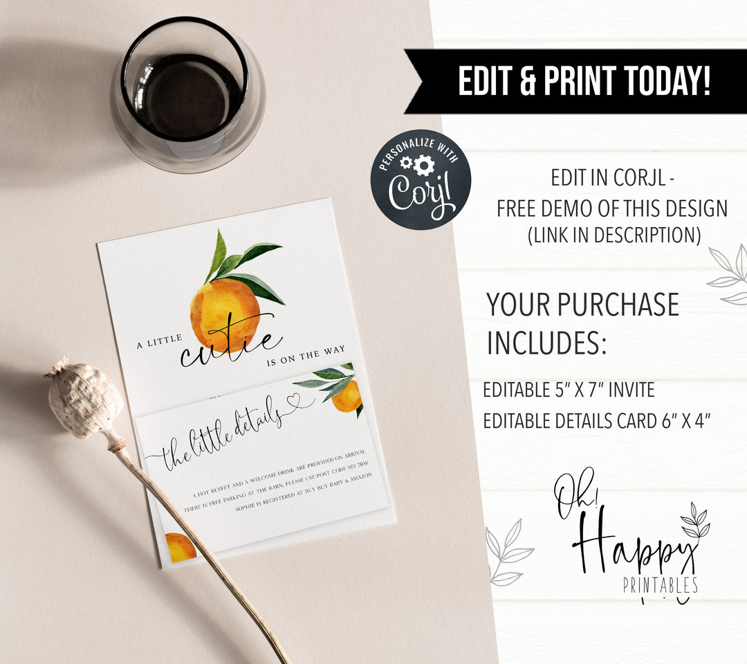 editable baby shower invitations, printable baby shower invitations, citrus orange baby shower theme, citrus baby shower, baby shower invites