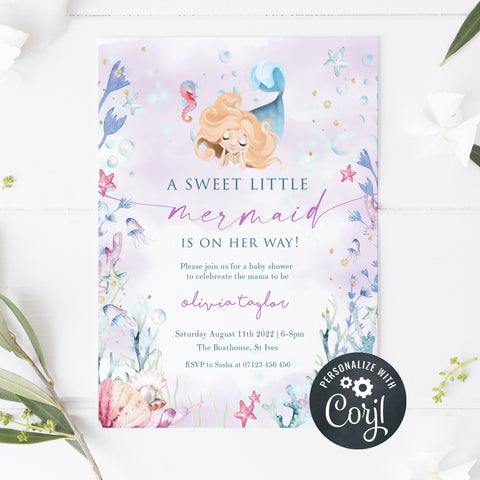 editable little mermaid baby shower invitations, printable baby shower invitations, little mermaid baby shower, editable baby shower invitations