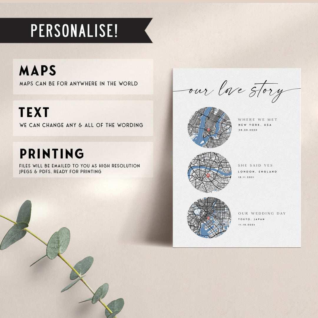 Our Love Story Custom Map Printable, Met Engaged Married Map, Gifts Her, Gifts For Him, Christmas Gifts, Our Story So Far, Personalised