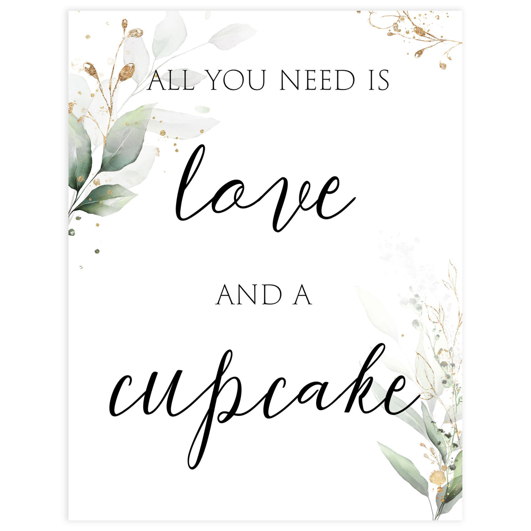 love and cupcake sign, cupcake bridal sign, Printable bridal shower signs, greenery bridal shower decor, gold leaf bridal shower decor ideas, fun bridal shower decor, bridal shower game ideas, greenery bridal shower ideas