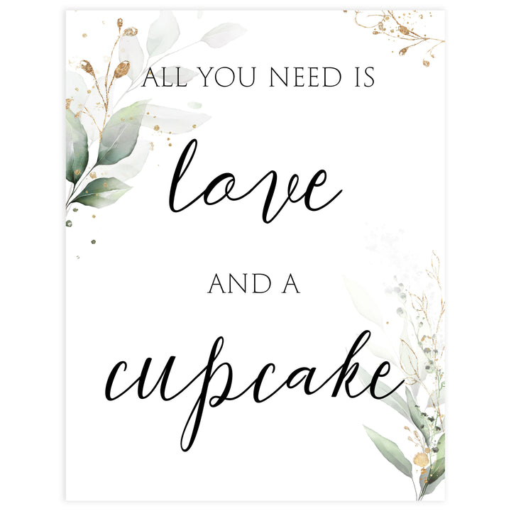 love and cupcake sign, cupcake bridal sign, Printable bridal shower signs, greenery bridal shower decor, gold leaf bridal shower decor ideas, fun bridal shower decor, bridal shower game ideas, greenery bridal shower ideas