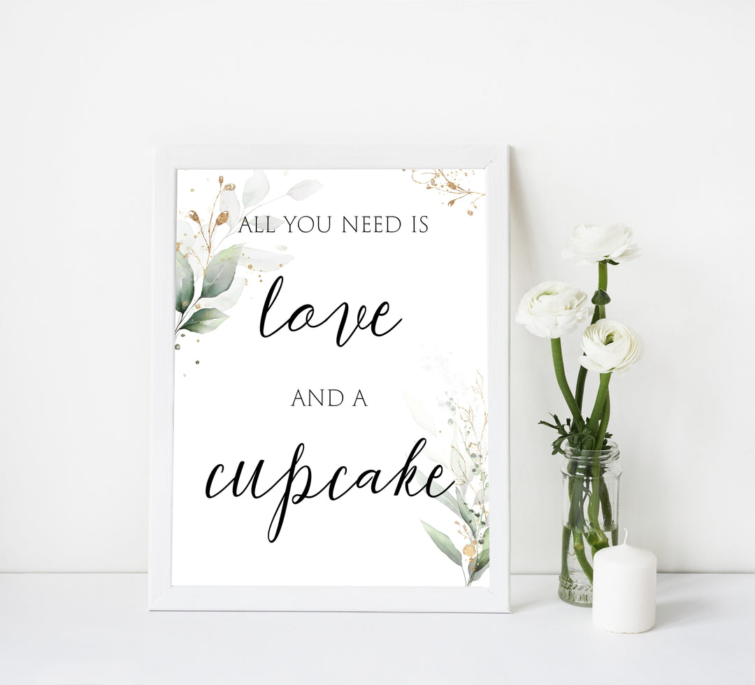 love and cupcake sign, cupcake bridal sign, Printable bridal shower signs, greenery bridal shower decor, gold leaf bridal shower decor ideas, fun bridal shower decor, bridal shower game ideas, greenery bridal shower ideas