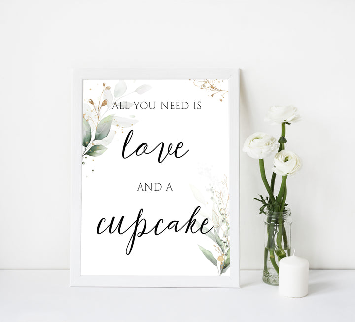 love and cupcake sign, cupcake bridal sign, Printable bridal shower signs, greenery bridal shower decor, gold leaf bridal shower decor ideas, fun bridal shower decor, bridal shower game ideas, greenery bridal shower ideas