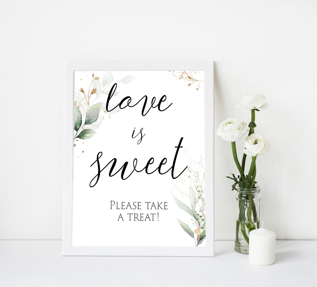 love is sweet bridal sign, Printable bridal shower signs, greenery bridal shower decor, gold leaf bridal shower decor ideas, fun bridal shower decor, bridal shower game ideas, greenery bridal shower ideas