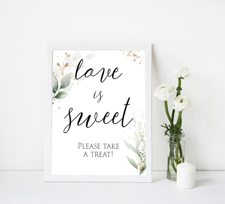 love is sweet bridal sign, Printable bridal shower signs, greenery bridal shower decor, gold leaf bridal shower decor ideas, fun bridal shower decor, bridal shower game ideas, greenery bridal shower ideas