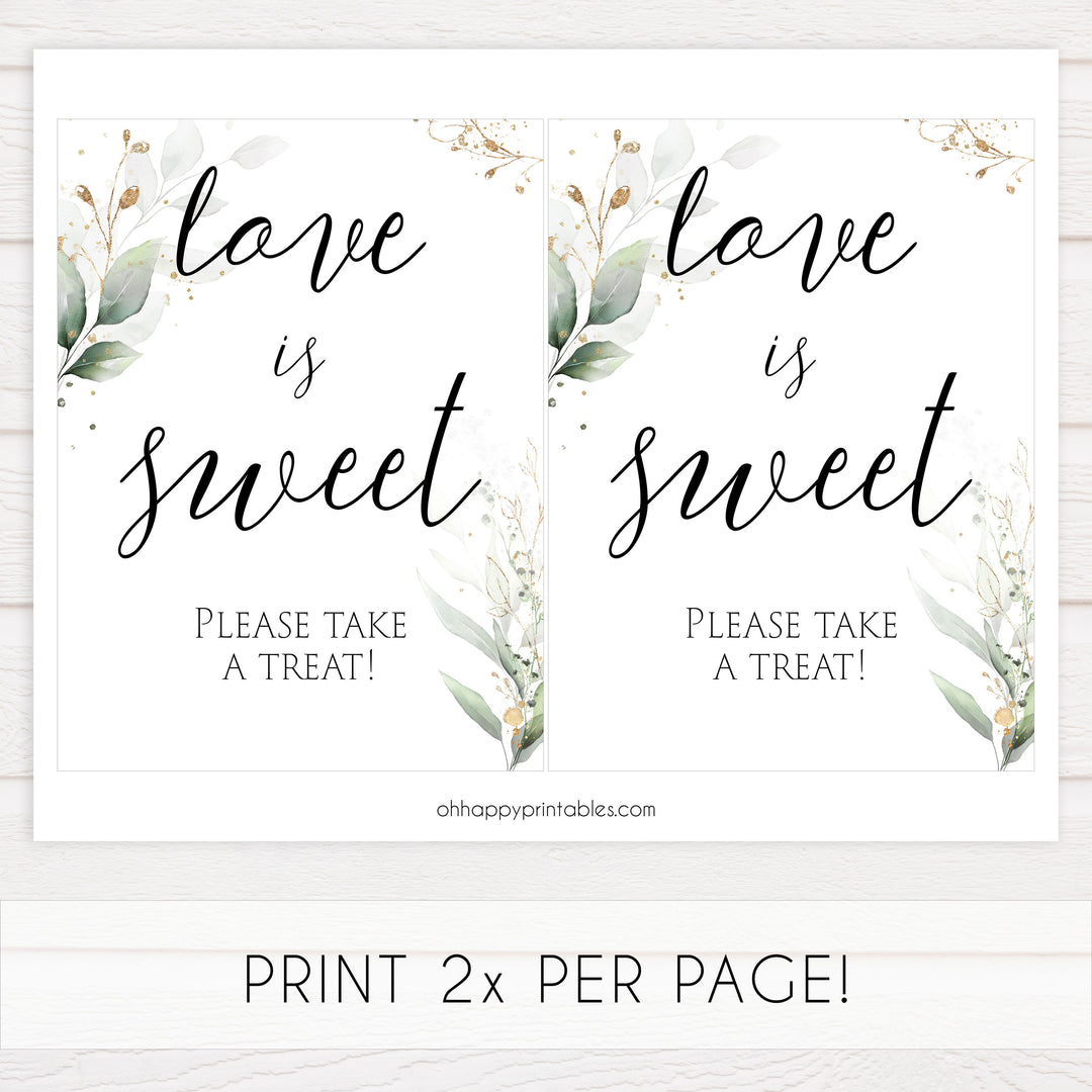 love is sweet bridal sign, Printable bridal shower signs, greenery bridal shower decor, gold leaf bridal shower decor ideas, fun bridal shower decor, bridal shower game ideas, greenery bridal shower ideas