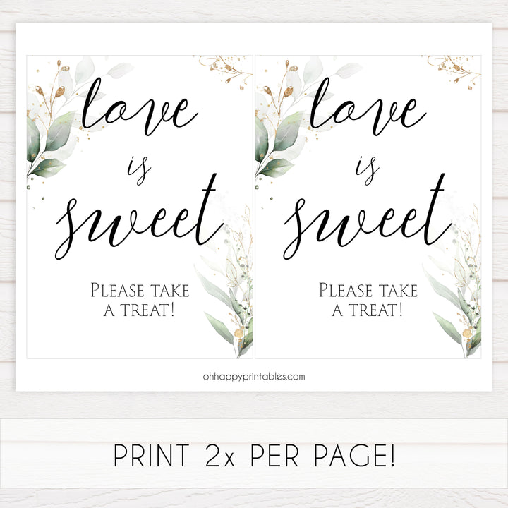 love is sweet bridal sign, Printable bridal shower signs, greenery bridal shower decor, gold leaf bridal shower decor ideas, fun bridal shower decor, bridal shower game ideas, greenery bridal shower ideas