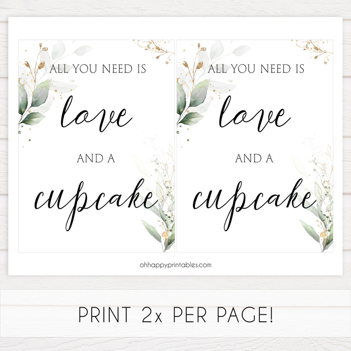 love and cupcake sign, cupcake bridal sign, Printable bridal shower signs, greenery bridal shower decor, gold leaf bridal shower decor ideas, fun bridal shower decor, bridal shower game ideas, greenery bridal shower ideas
