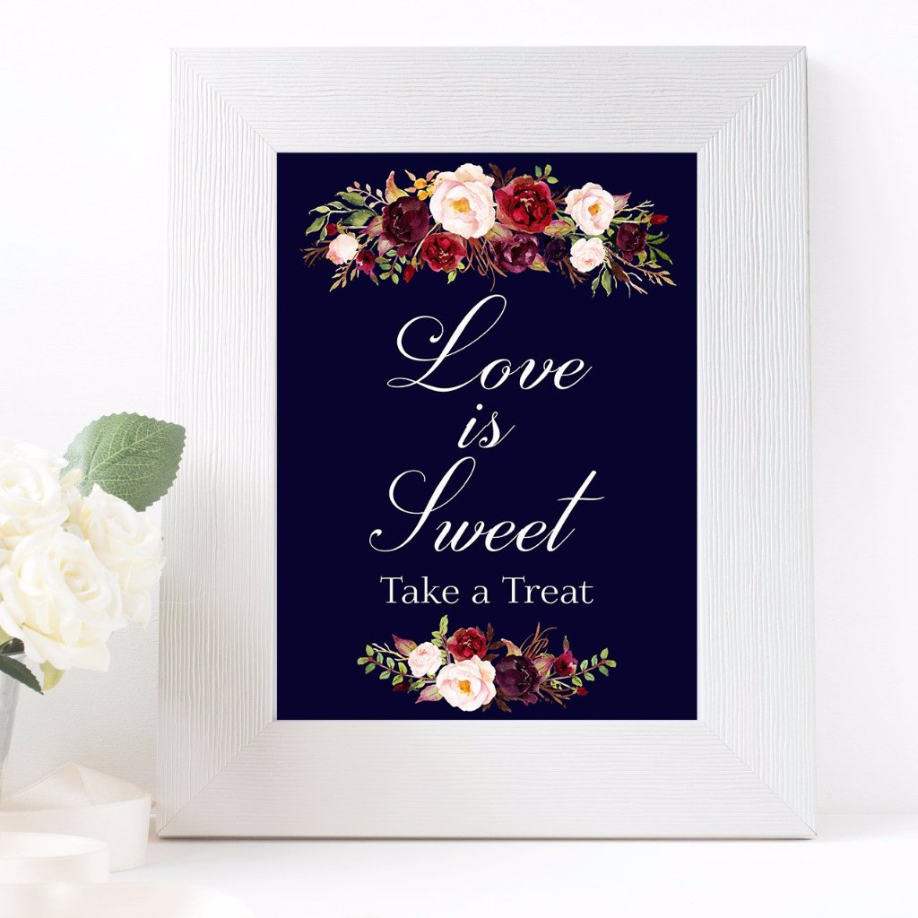 Love is sweet take a treat marsala dark blue wedding sign