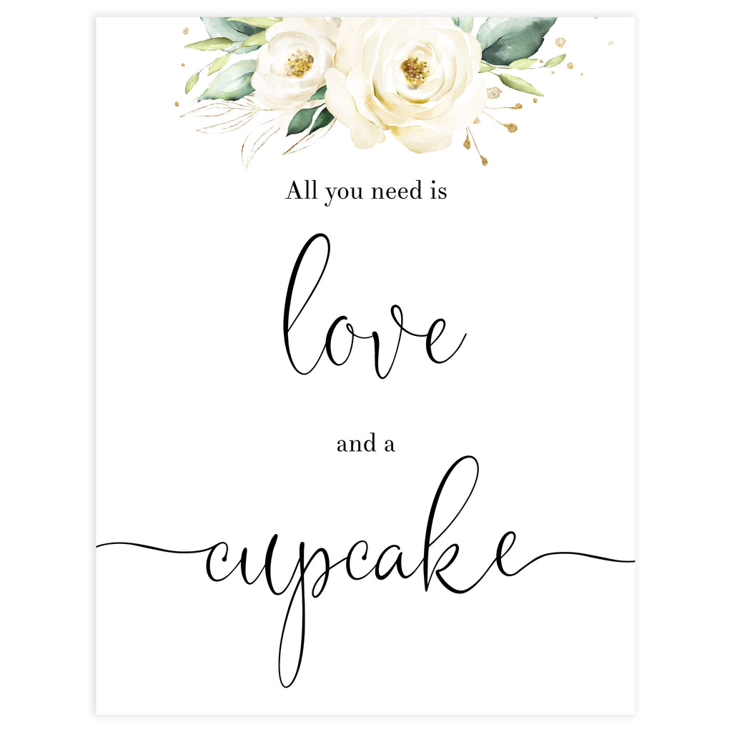 Love and Cupcakes Table Sign | Printable White Floral Bridal Shower ...