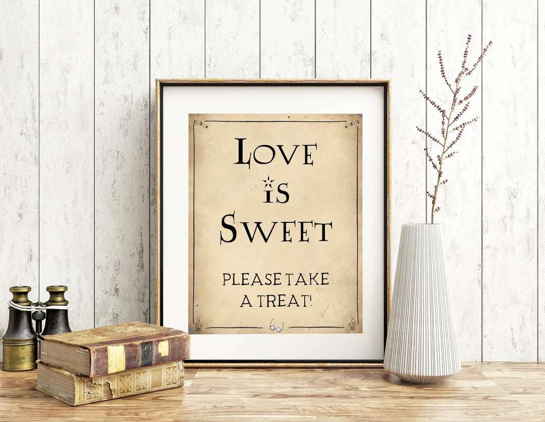 love is sweet table sign, Printable bridal shower signs, Harry Potter bridal shower decor, Harry Potter bridal shower decor ideas, fun bridal shower decor, bridal shower game ideas, Harry Potter bridal shower ideas