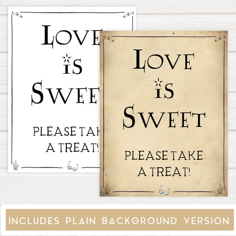 love is sweet table sign, Printable bridal shower signs, Harry Potter bridal shower decor, Harry Potter bridal shower decor ideas, fun bridal shower decor, bridal shower game ideas, Harry Potter bridal shower ideas