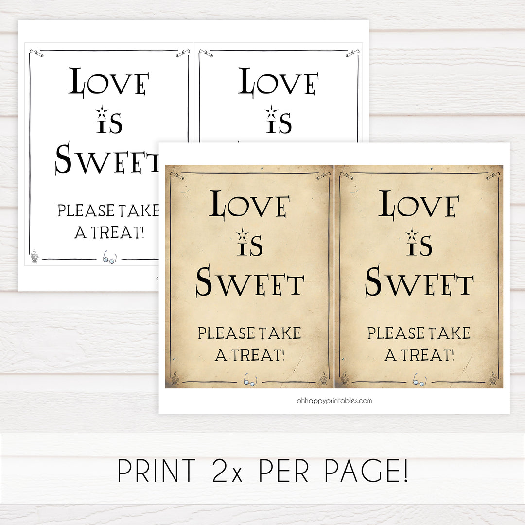 love is sweet table sign, Printable bridal shower signs, Harry Potter bridal shower decor, Harry Potter bridal shower decor ideas, fun bridal shower decor, bridal shower game ideas, Harry Potter bridal shower ideas