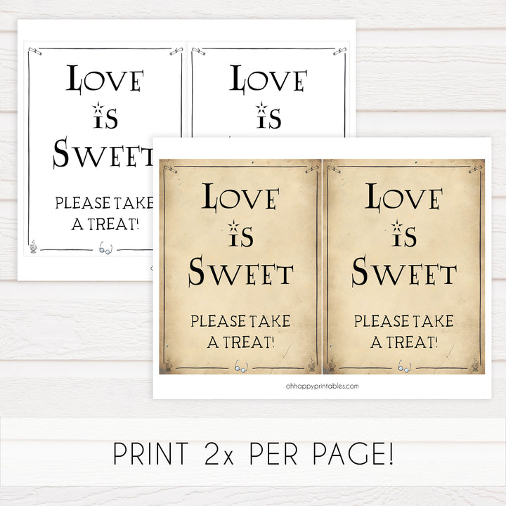 love is sweet table sign, Printable bridal shower signs, Harry Potter bridal shower decor, Harry Potter bridal shower decor ideas, fun bridal shower decor, bridal shower game ideas, Harry Potter bridal shower ideas