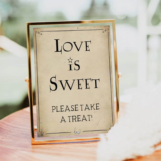 love is sweet table sign, Printable bridal shower signs, Harry Potter bridal shower decor, Harry Potter bridal shower decor ideas, fun bridal shower decor, bridal shower game ideas, Harry Potter bridal shower ideas
