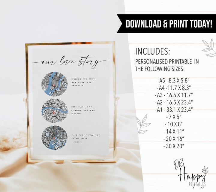 Our Love Story Custom Map Printable, Met Engaged Married Map, Gifts Her, Gifts For Him, Christmas Gifts, Our Story So Far, Personalised